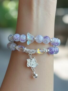 Lavender Butterfly Glass Beads with Silver Bell Charm Stretchy Bracelet NWOT